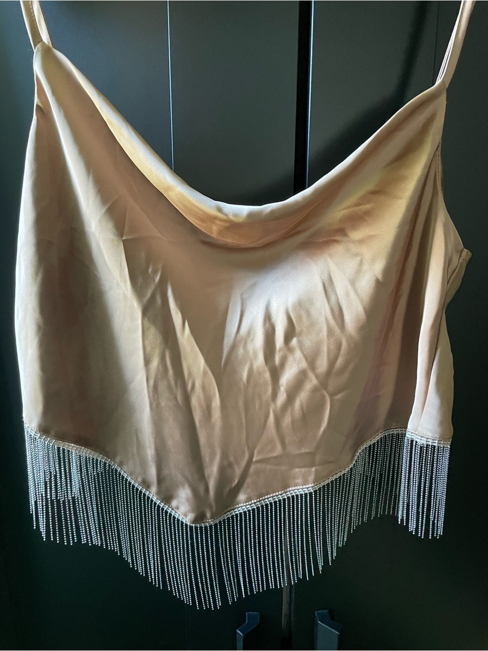 Boutique Satin like top in Champagne w/ metal beaded fringe & is cropped size S